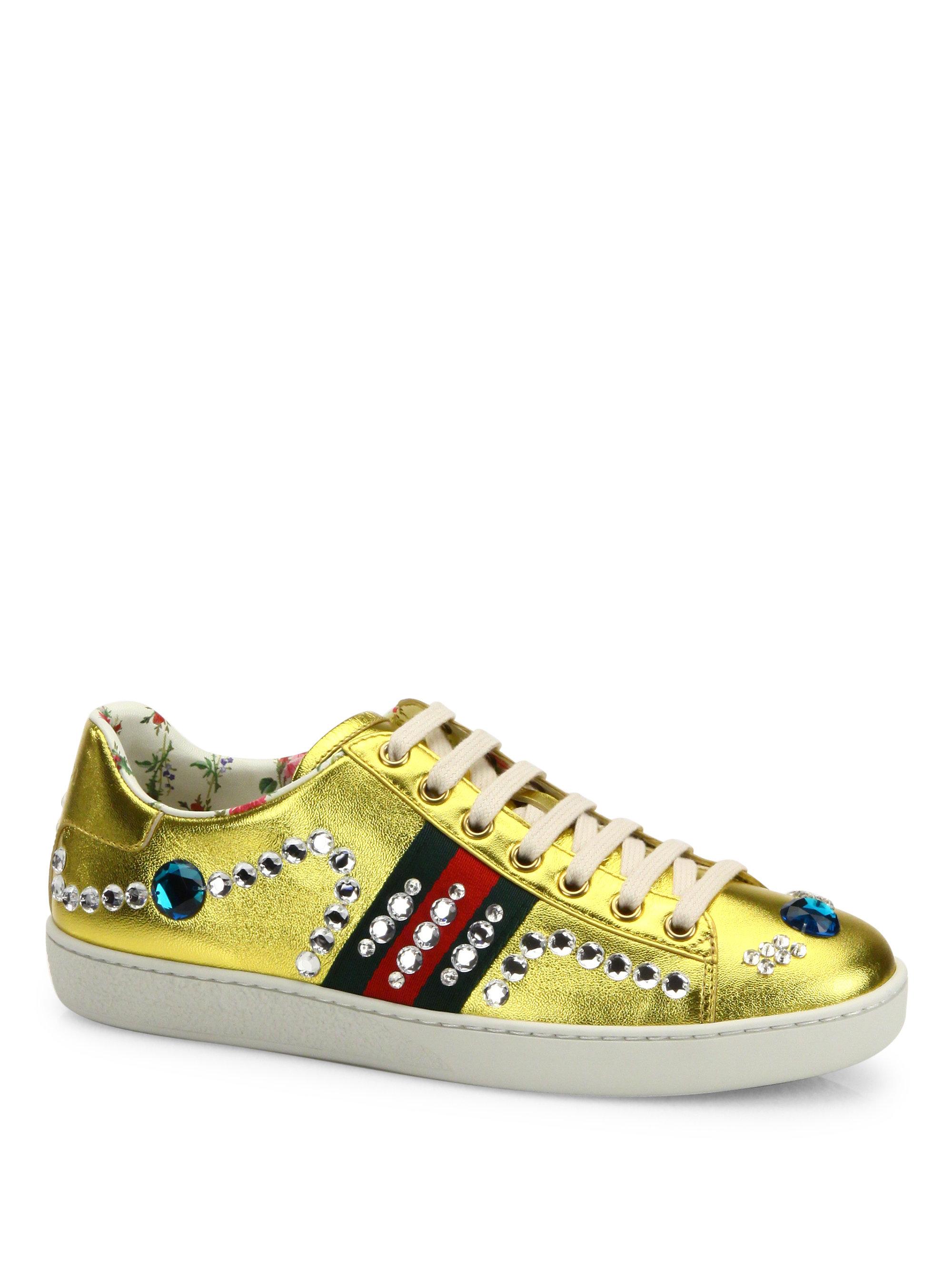 Gucci New Ace Jeweled Metallic Leather Sneakers in Metallic Lyst